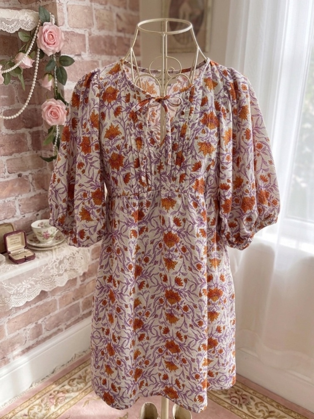 Universal Thread Floral Puff-Sleeve Mini Dress in Ivory, Orange and Purple